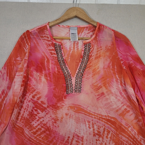 Chicos 1 Womens Size Medium Pink Beaded Tie Dye Tunic Lightweight Sheer Boho - Picture 2 of 15